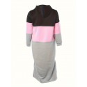 Plus Size Casual Dress, Women's Plus Colorblock Long Sleeve Split Hem Hooded Maxi Sweatshirt Dress