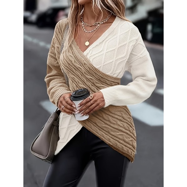 Plus Size Twist Front Colorblock Sweater, Casual Long Sleeve V Neck Sweater For Fall & Winter, Women's Plus Size Clothing