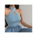 Women Plus Size Close-fitting Simple Style Vest, Solid Color Halter Neck Sleeveless Crop Tops