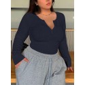 Plus Size Casual Knitted T-Shirt with Round Neck And Slightly Stretchy Polyester Fabric with Buttons for Women