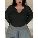 Plus Size Casual Knitted T-Shirt with Round Neck And Slightly Stretchy Polyester Fabric with Buttons for Women