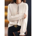 Elegant Women's V-Neck Sweater with Scallop Hem - Cozy Polyester, Button Detail, Perfect for Fall/Winter