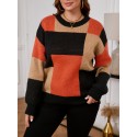 Plus Size Color Block Knit Sweater, Casual Long Sleeve Crew Neck Top For Fall & Winter, Women's Plus Size Clothing