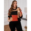 Plus Size Color Block Knit Sweater, Casual Long Sleeve Crew Neck Top For Fall & Winter, Women's Plus Size Clothing