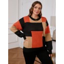 Plus Size Color Block Knit Sweater, Casual Long Sleeve Crew Neck Top For Fall & Winter, Women's Plus Size Clothing