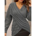 Plus Size Elegant Sweater, Women's Plus Solid Cable Drop Shoulder Long Sleeve Wrap Cross V Neck Jumper