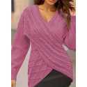 Plus Size Elegant Sweater, Women's Plus Solid Cable Drop Shoulder Long Sleeve Wrap Cross V Neck Jumper