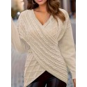 Plus Size Elegant Sweater, Women's Plus Solid Cable Drop Shoulder Long Sleeve Wrap Cross V Neck Jumper