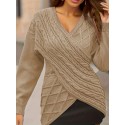 Plus Size Elegant Sweater, Women's Plus Solid Cable Drop Shoulder Long Sleeve Wrap Cross V Neck Jumper