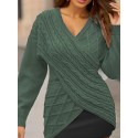 Plus Size Elegant Sweater, Women's Plus Solid Cable Drop Shoulder Long Sleeve Wrap Cross V Neck Jumper