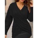 Plus Size Elegant Sweater, Women's Plus Solid Cable Drop Shoulder Long Sleeve Wrap Cross V Neck Jumper