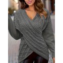 Plus Size Elegant Sweater, Women's Plus Solid Cable Drop Shoulder Long Sleeve Wrap Cross V Neck Jumper