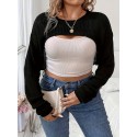 Plus Size Solid Crew Neck Shrug Top, Sexy Long Sleeve Sweater For Fall & Spring, Women's Plus Size Clothing