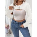 Plus Size Solid Crew Neck Shrug Top, Sexy Long Sleeve Sweater For Fall & Spring, Women's Plus Size Clothing