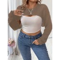 Plus Size Solid Crew Neck Shrug Top, Sexy Long Sleeve Sweater For Fall & Spring, Women's Plus Size Clothing