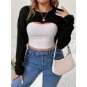 Plus Size Solid Crew Neck Shrug Top, Sexy Long Sleeve Sweater For Fall & Spring, Women's Plus Size Clothing