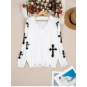 Plus Size Cross Pattern Knit Sweater, Casual Long Sleeve V Neck Raw Hem Top For Fall & Winter, Women's Plus Size Clothing