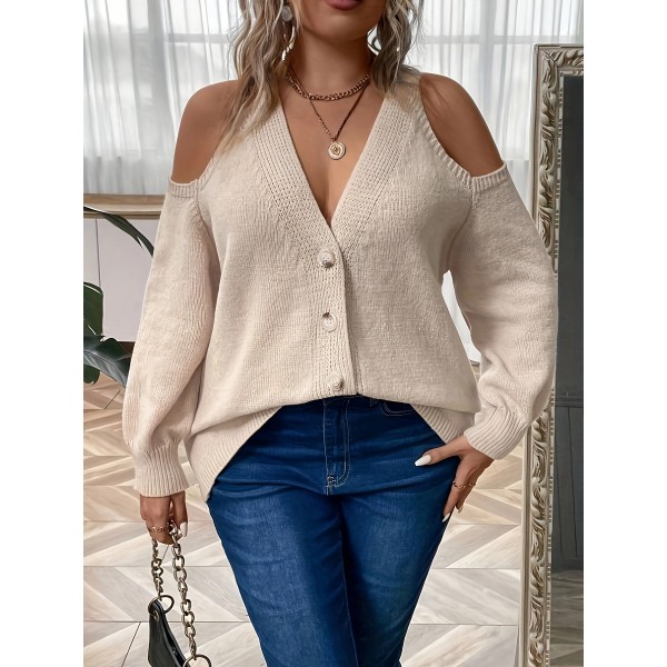 Plus Size Button Front Cold Shoulder Knit Sweater, Casual V Neck Long Sleeve Sweater For Fall & Winter, Women's Plus Size Clothing