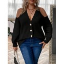 Plus Size Button Front Cold Shoulder Knit Sweater, Casual V Neck Long Sleeve Sweater For Fall & Winter, Women's Plus Size Clothing