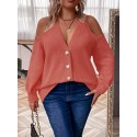 Plus Size Button Front Cold Shoulder Knit Sweater, Casual V Neck Long Sleeve Sweater For Fall & Winter, Women's Plus Size Clothing