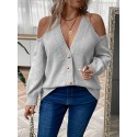 Plus Size Button Front Cold Shoulder Knit Sweater, Casual V Neck Long Sleeve Sweater For Fall & Winter, Women's Plus Size Clothing