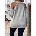 Plus Size Button Front Cold Shoulder Knit Sweater, Casual V Neck Long Sleeve Sweater For Fall & Winter, Women's Plus Size Clothing