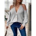 Plus Size Button Front Cold Shoulder Knit Sweater, Casual V Neck Long Sleeve Sweater For Fall & Winter, Women's Plus Size Clothing