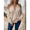 Plus Size Button Front Cold Shoulder Knit Sweater, Casual V Neck Long Sleeve Sweater For Fall & Winter, Women's Plus Size Clothing