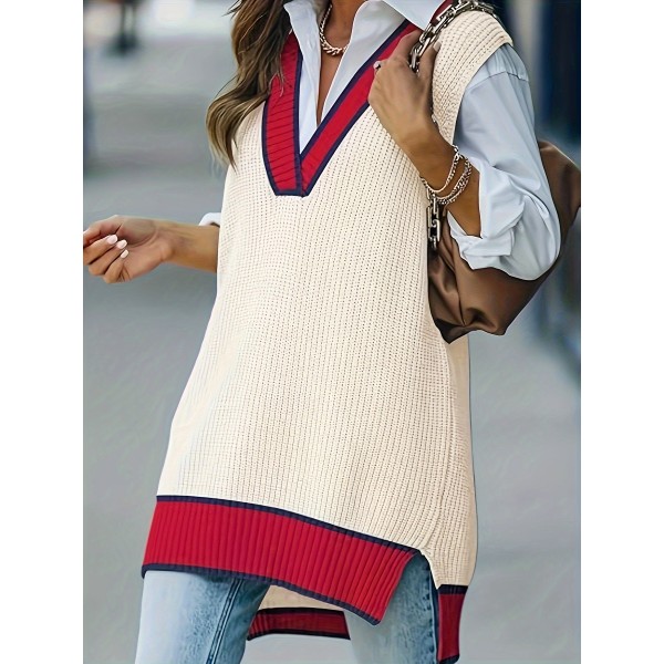 Elegant Plus Size Striped V-Neck Knit Sweater Vest for Women - Long, Split Hem, Polyester Blend, Hand Washable