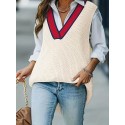 Elegant Plus Size Striped V-Neck Knit Sweater Vest for Women - Long, Split Hem, Polyester Blend, Hand Washable