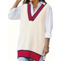 Elegant Plus Size Striped V-Neck Knit Sweater Vest for Women - Long, Split Hem, Polyester Blend, Hand Washable