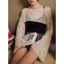 Plus Size Crochet Cover Up Knitted Crop Top, Sexy Hollow Out Beach Wear Long Sleeve Sweater, Women's Plus Size Clothing