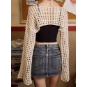 Plus Size Crochet Cover Up Knitted Crop Top, Sexy Hollow Out Beach Wear Long Sleeve Sweater, Women's Plus Size Clothing