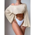 Plus Size Solid Slant Shoulder Crop Knitted Top, Vacation Style Hollow Out Flare Long Sleeve Top For Spring & Summer, Women's Plus Size Clothing