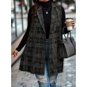 1pc Elegant Plus Size Plaid Double-Breasted Waistcoat - Casual Polyester Midi Vest with Lapel Collar and Woven Fabric