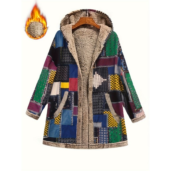 1pc Women'S Plus Size Hooded Coat - Geometric Patchwork Design, Polyester, Non-Stretch, Woven, Fall/Winter Warm Long Sleeve Jacket with Pockets