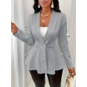 Plus Size Solid Textured Button Front Coat, Casual Long Sleeve Outwear For Spring & Fall, Women's Plus Size Clothing