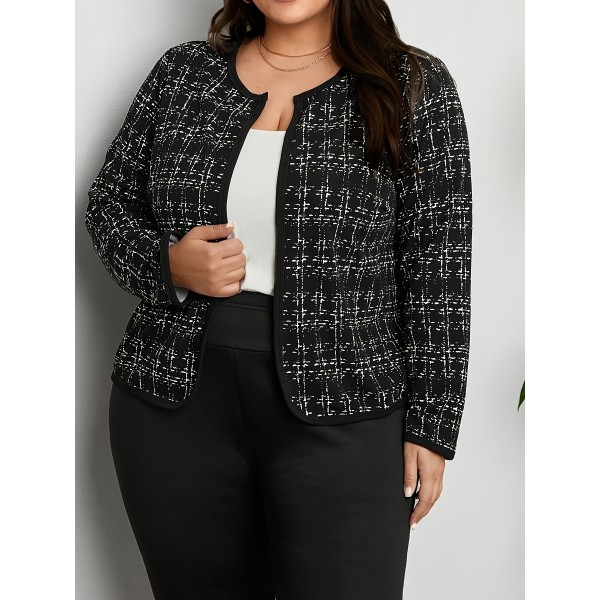 Elegant Plus Size Women's Jacket - Open Front, Long Sleeve Knit Cardigan with Contrast Trim, Stretch Fabric, Machine Washable, for Autumn, Spring