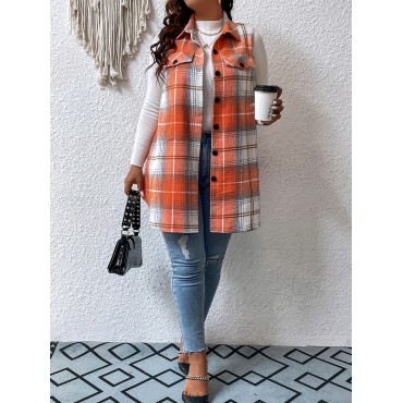 Plus Size Plaid Pattern Button Front Vest, Casual Sleeveless Flap Detail Gilet Jacket For Fall & Spring, Women's Plus Size Clothing