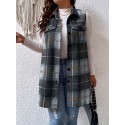 Plus Size Plaid Pattern Button Front Vest, Casual Sleeveless Flap Detail Gilet Jacket For Fall & Spring, Women's Plus Size Clothing