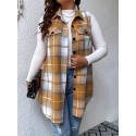 Plus Size Plaid Pattern Button Front Vest, Casual Sleeveless Flap Detail Gilet Jacket For Fall & Spring, Women's Plus Size Clothing