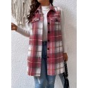 Plus Size Plaid Pattern Button Front Vest, Casual Sleeveless Flap Detail Gilet Jacket For Fall & Spring, Women's Plus Size Clothing