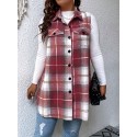 Plus Size Plaid Pattern Button Front Vest, Casual Sleeveless Flap Detail Gilet Jacket For Fall & Spring, Women's Plus Size Clothing