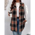 Plus Size Plaid Pattern Button Front Vest, Casual Sleeveless Flap Detail Gilet Jacket For Fall & Spring, Women's Plus Size Clothing