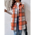 Plus Size Plaid Pattern Button Front Vest, Casual Sleeveless Flap Detail Gilet Jacket For Fall & Spring, Women's Plus Size Clothing