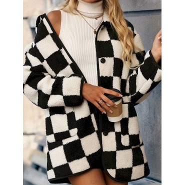 Full Size Checkered Button Front Coat with Pockets