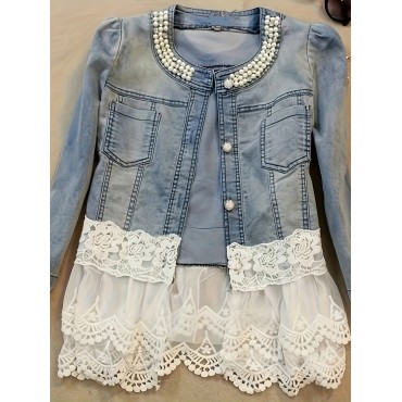 Plus-size Ladies Denim Top Pearl-collar Jacket