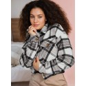 Tooluck Women's Plus Size Fashion Short Jacket Buttoned Corduroy Jacket Casual Plaid Long Sleeve Jacket Top