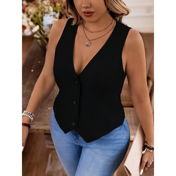 Plus Size Solid Color Single Breasted Vest, Casual V Neck Sleeveless Vest For Spring & Summer, Women's Plus Size Clothing