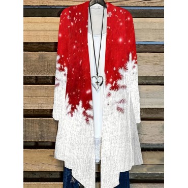 Plus Size Christmas Coat, Women's Plus Snowflake Print Long Sleeve Open Front Slight Stretch Cardigan Coat